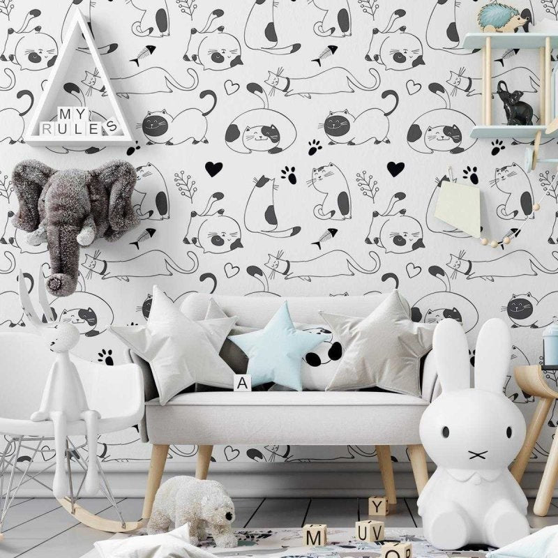 Papel de Parede Adesivo Gatinhos Preto e Branco N04045 - Papel na Parede