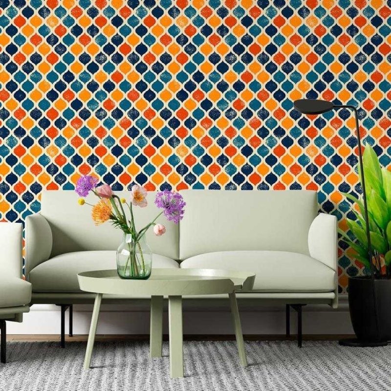Papel de Parede Adesivo Geométrico Árabe Azul Laranja N06066 - Papel na Parede