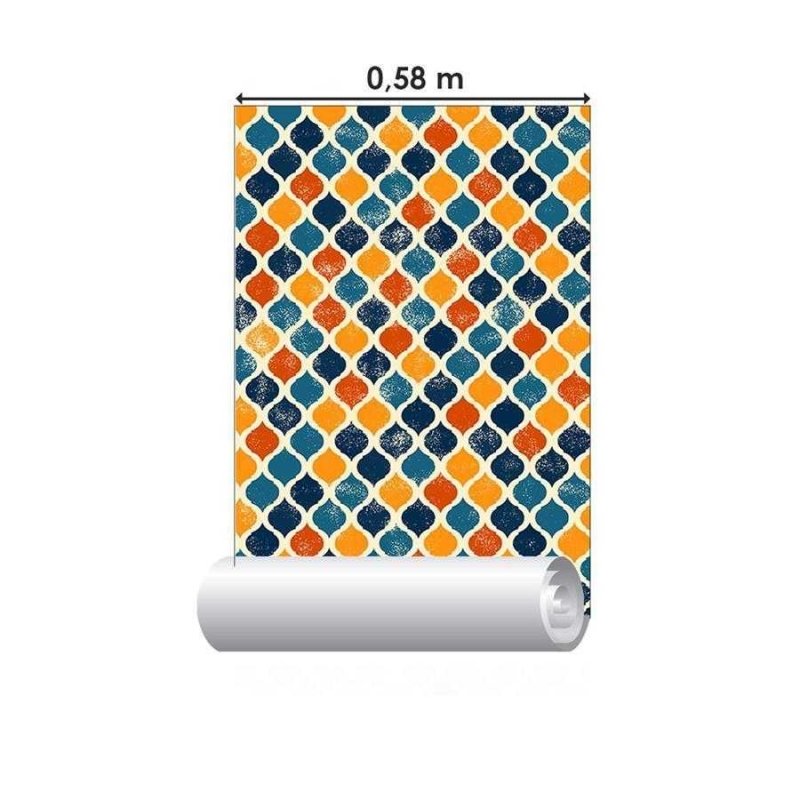 Papel de Parede Adesivo Geométrico Árabe Azul Laranja N06066 - Papel na Parede