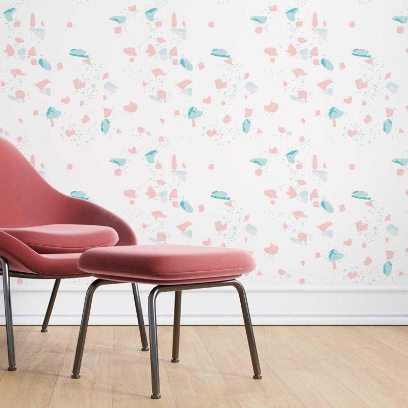 Papel de Parede Adesivo Granilite Branco Rosa e Verde Água N07125 - Papel na Parede