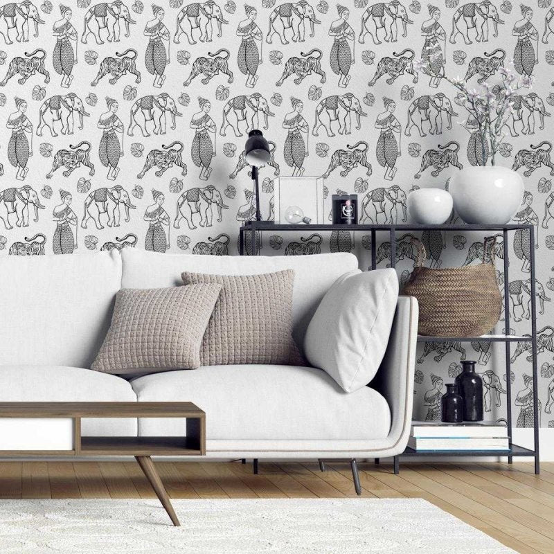Papel de Parede Adesivo Indiano em Preto e Branco N04221 - Papel na Parede