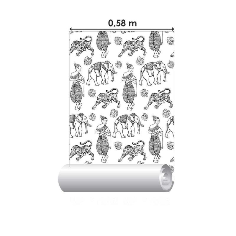 Papel de Parede Adesivo Indiano em Preto e Branco N04221 - Papel na Parede