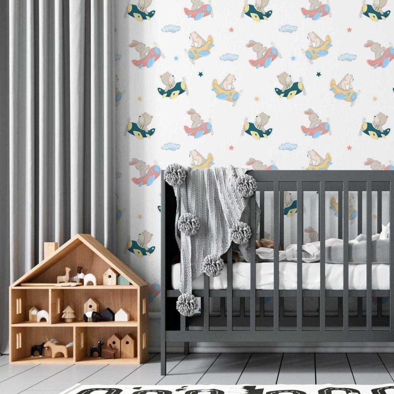 Papel de Parede Adesivo Infantil Avião Urso e Coelho N05062 - Papel na Parede