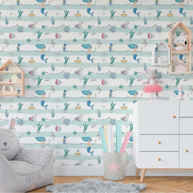 Papel de Parede Adesivo Infantil Sereias no Mar N018047 - Papel na Parede