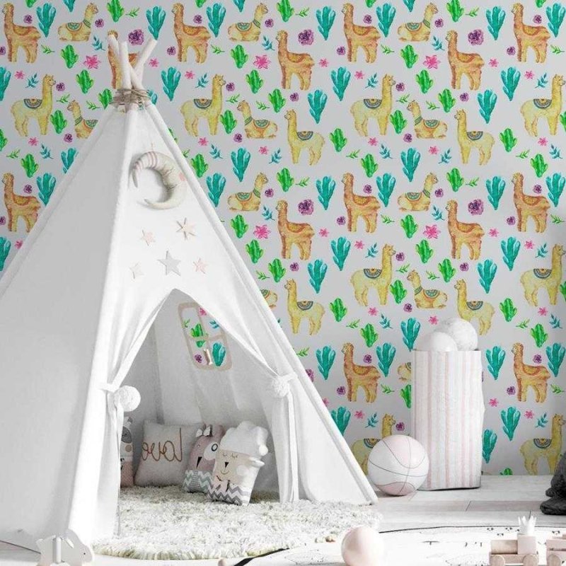 Papel de Parede Adesivo Lhamas e Cactus N06113 - Papel na Parede