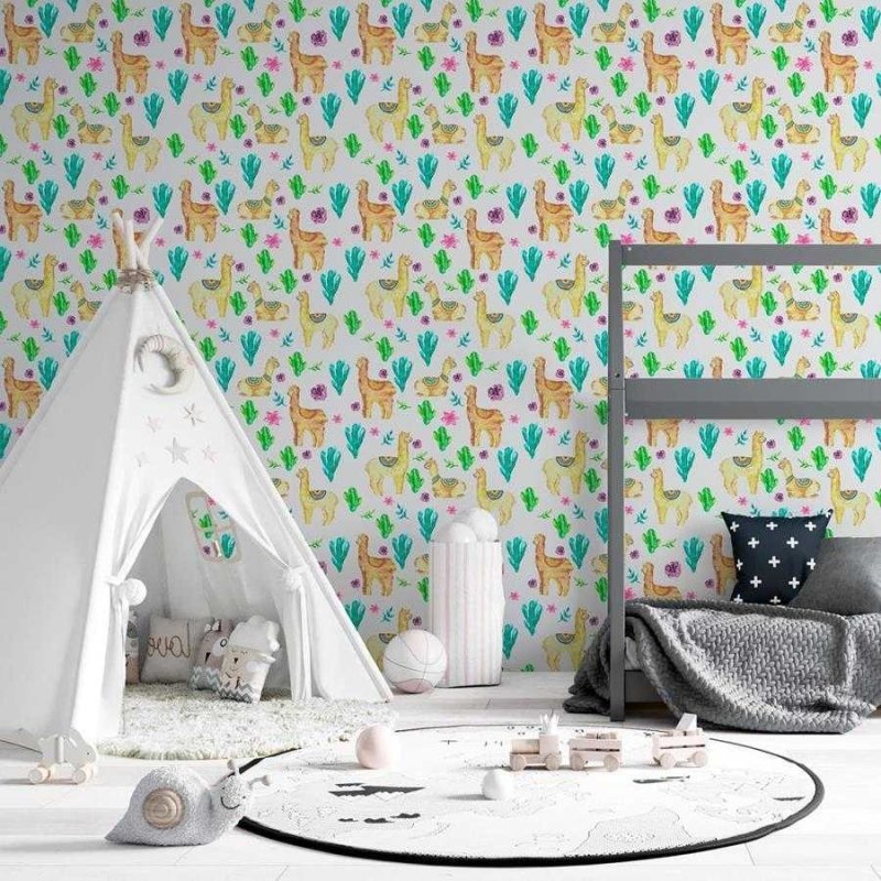 Papel de Parede Adesivo Lhamas e Cactus N06113 - Papel na Parede
