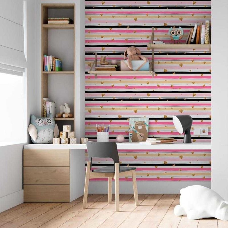 Papel de Parede Adesivo Listrado com Corações N06243 - Papel na Parede