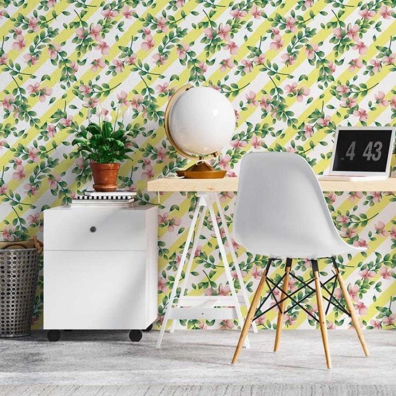 Papel de Parede Adesivo Listrado com Floral N06033 - Papel na Parede