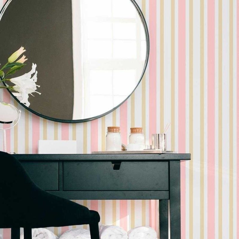 Papel de Parede Adesivo Listrado Rosa Bege e Branco N06247 - Papel na Parede