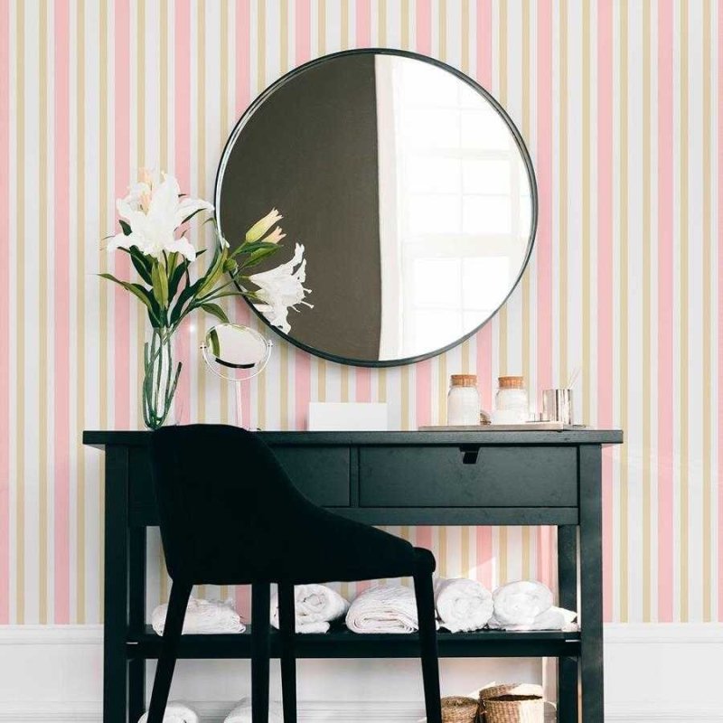 Papel de Parede Adesivo Listrado Rosa Bege e Branco N06247 - Papel na Parede
