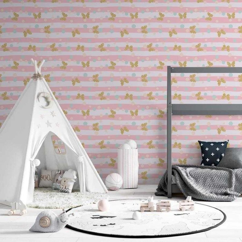 Papel de Parede Adesivo Listras Borboletas e Poá N06258 - Papel na Parede