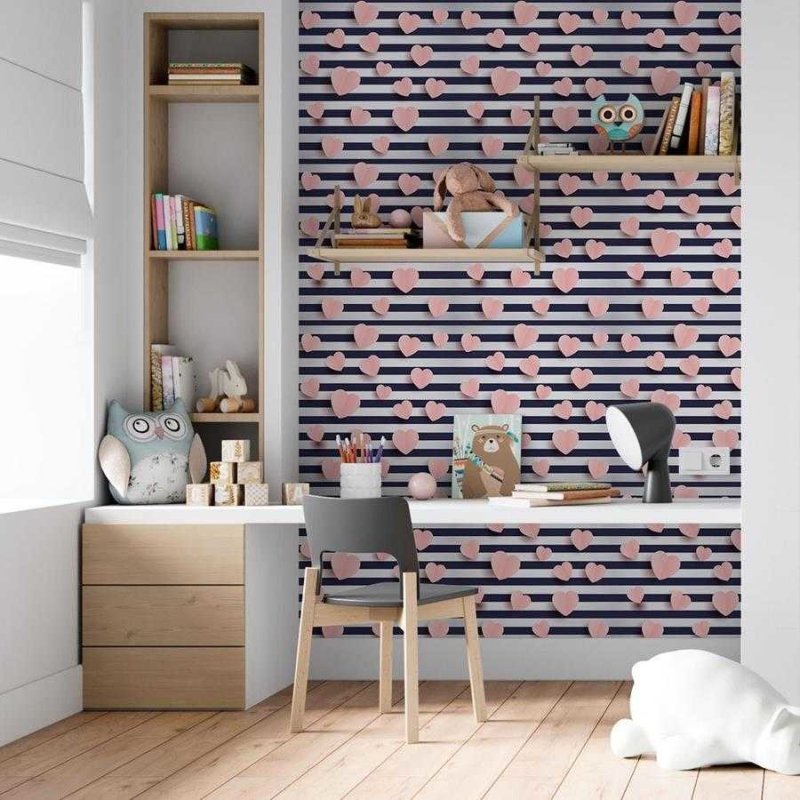 Papel de Parede Adesivo Listras e Corações 3D N06246 - Papel na Parede