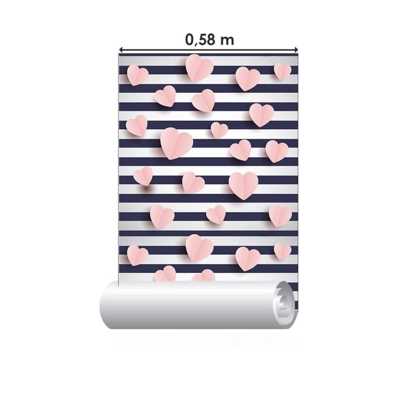 Papel de Parede Adesivo Listras e Corações 3D N06246 - Papel na Parede