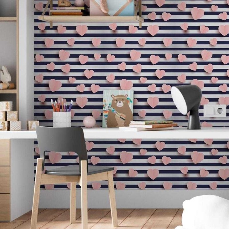 Papel de Parede Adesivo Listras e Corações 3D N06246 - Papel na Parede