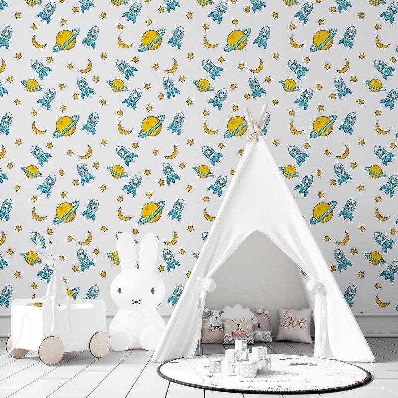 Papel de Parede Adesivo Lua, estrela, foguete N03127 - Papel na Parede