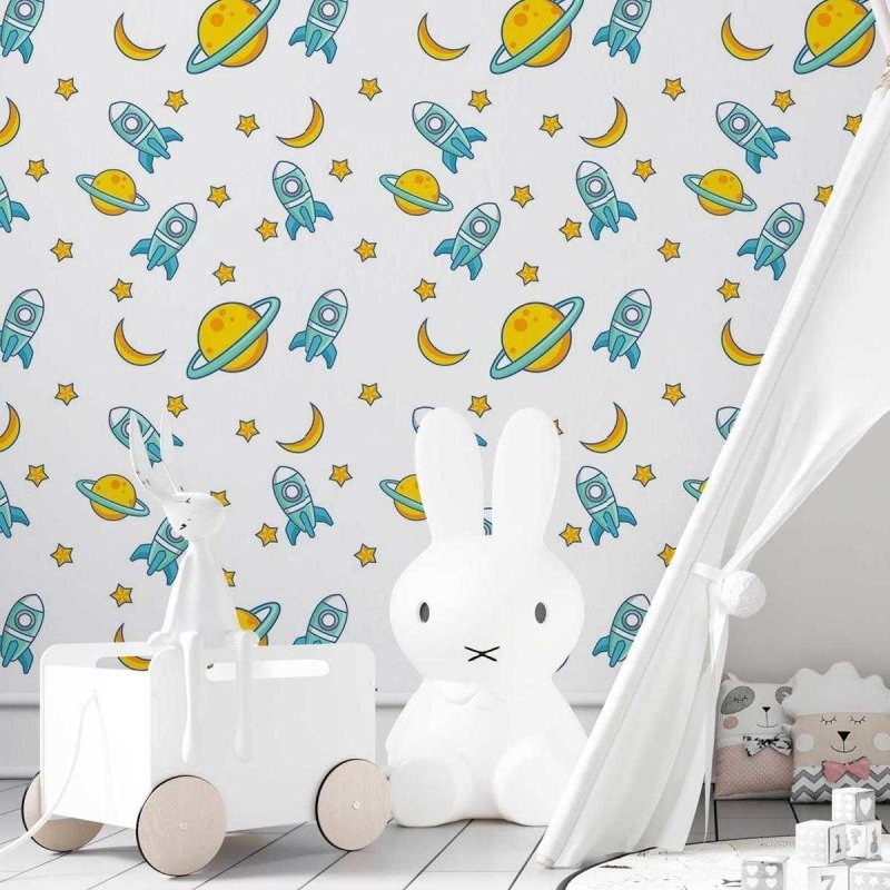 Papel de Parede Adesivo Lua, estrela, foguete N03127 - Papel na Parede
