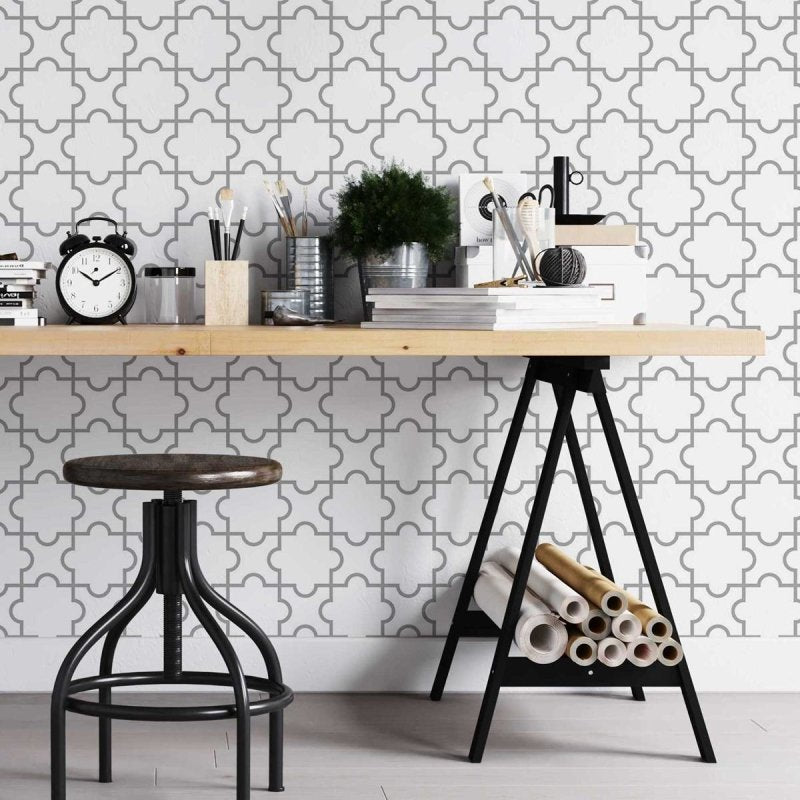 Papel de Parede Adesivo Marroquino Cinza e Branco N05262 - Papel na Parede