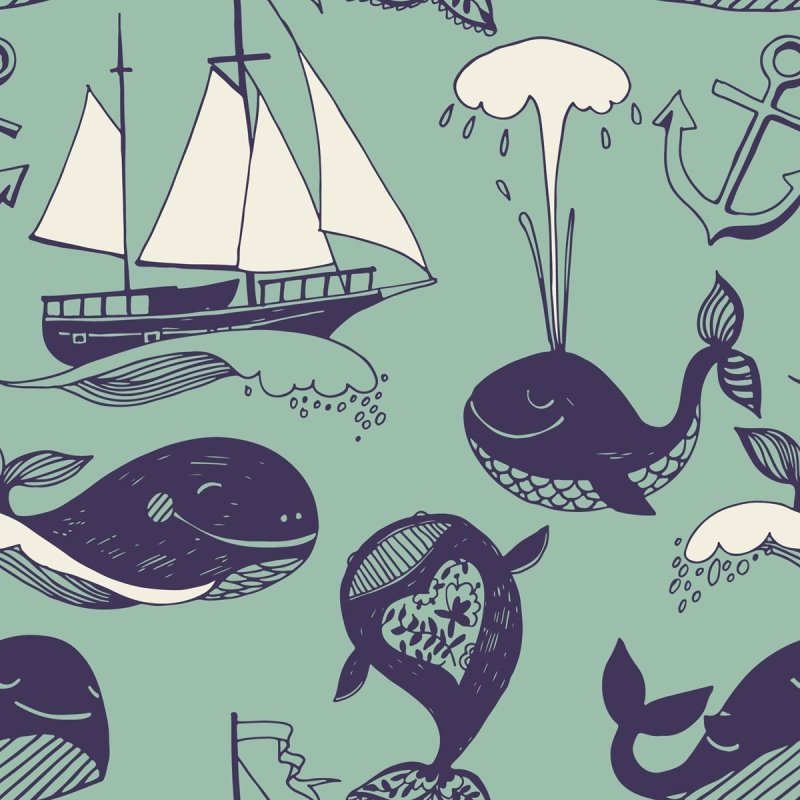 Papel de Parede Adesivo Náutico Baleias e Barcos Azul N04225 - Papel na Parede