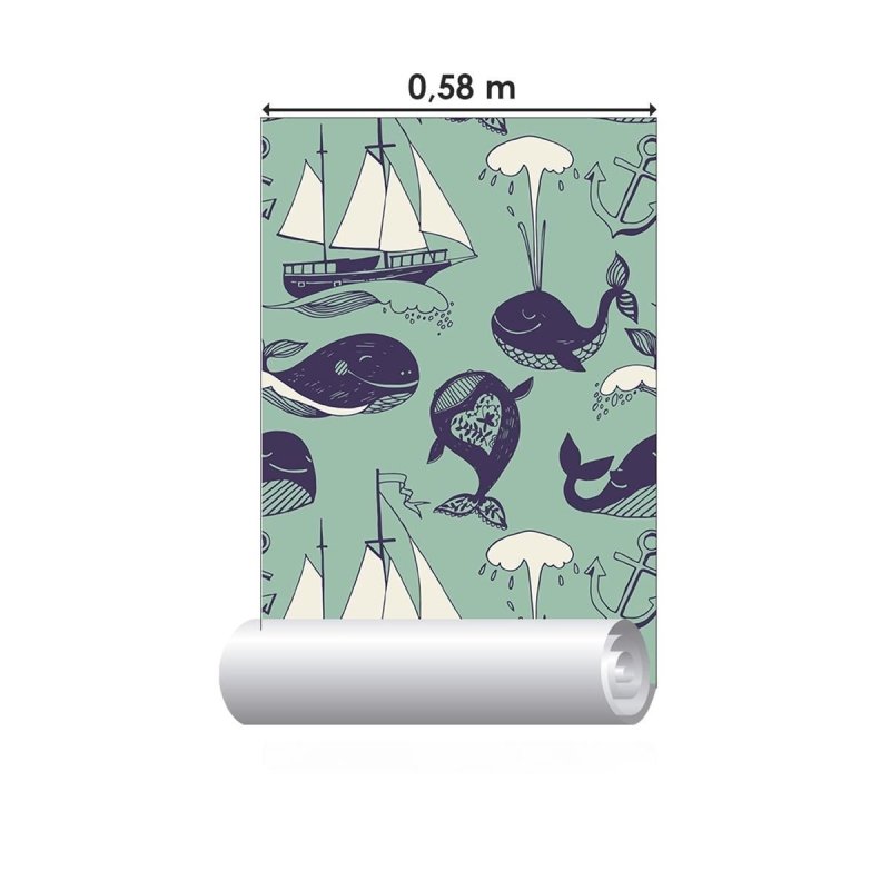 Papel de Parede Adesivo Náutico Baleias e Barcos Azul N04225 - Papel na Parede