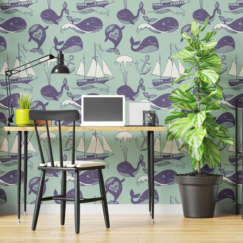 Papel de Parede Adesivo Náutico Baleias e Barcos Azul N04225 - Papel na Parede