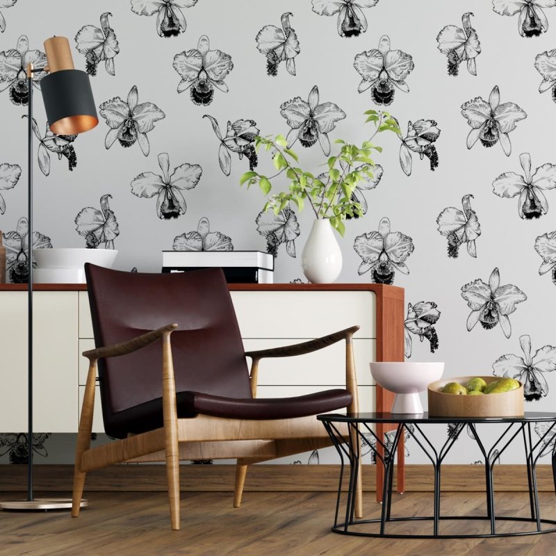 Papel de Parede Adesivo Orquídea Preto e Branco N04107 - Papel na Parede