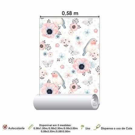 Papel de Parede Adesivo Pássaro Floral Rosa Azul 382956823 - Papel na Parede