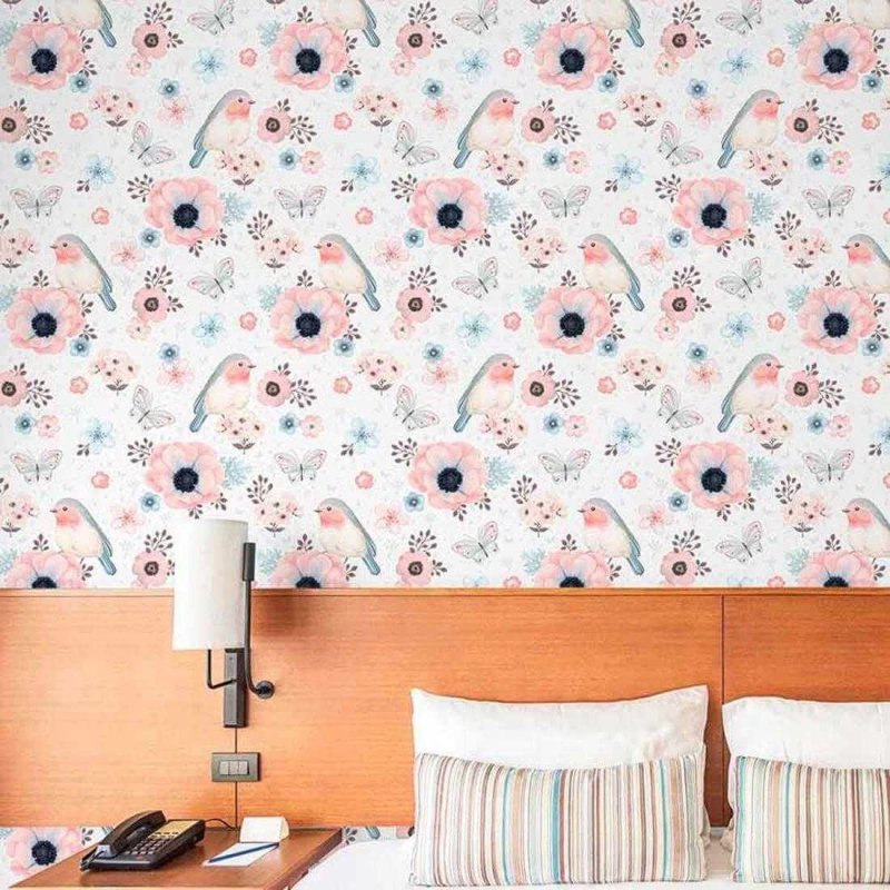 Papel de Parede Adesivo Pássaro Floral Rosa Azul 382956823 - Papel na Parede
