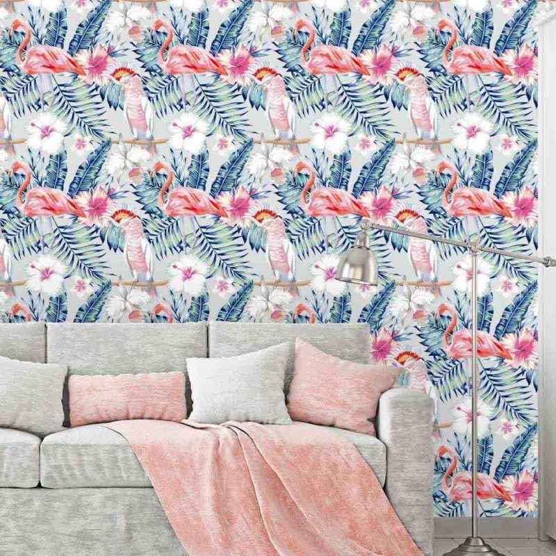 Papel de Parede Adesivo Pássaros Flamingo Floral 538460995 - Papel na Parede