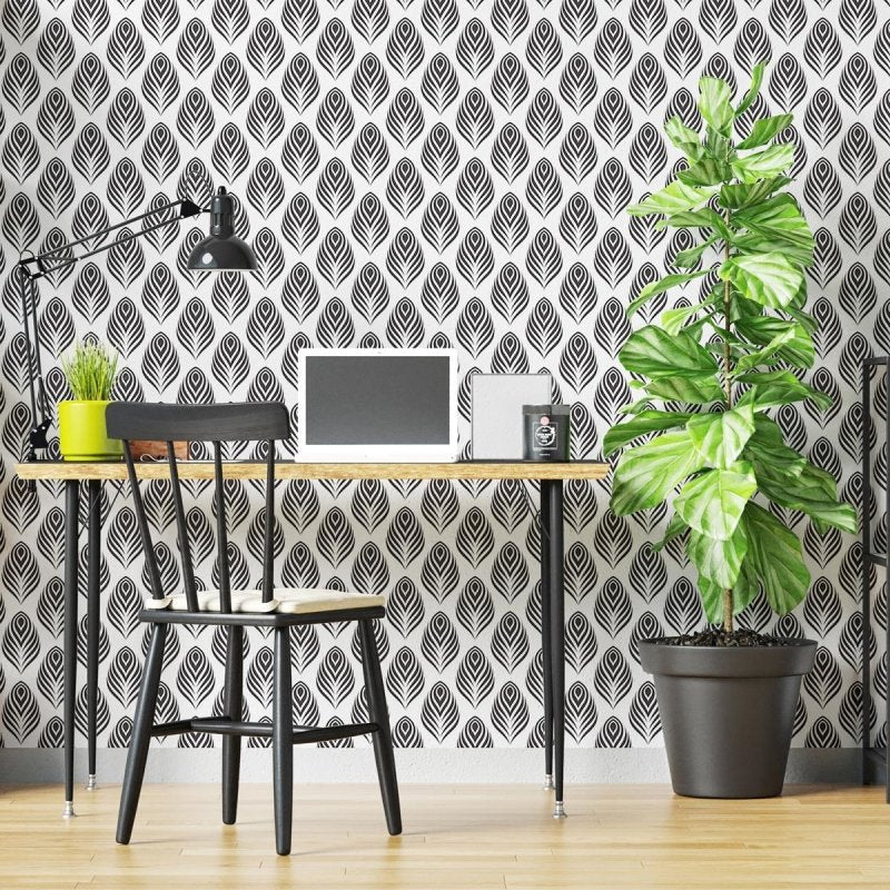 Papel de Parede Adesivo Pena Pavão Preto e Branco N04236 - Papel na Parede