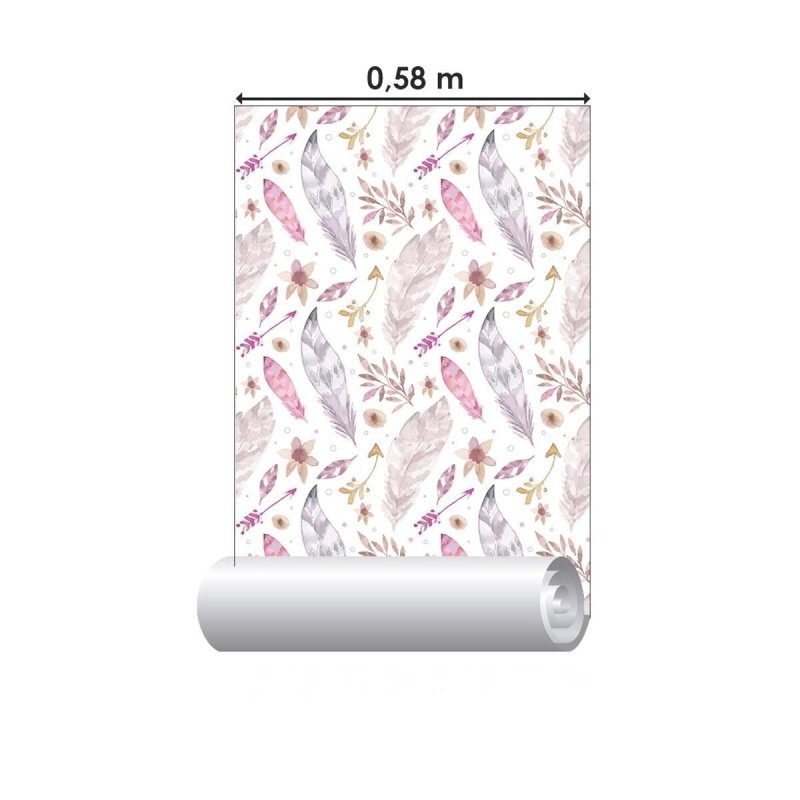 Papel de Parede Adesivo Penas e Flores Aquarela Rosa N04239 - Papel na Parede