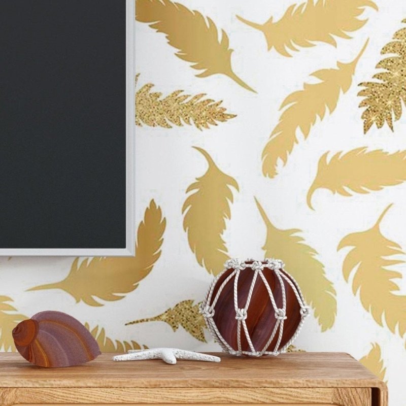 Papel de Parede Adesivo Penas Gold Glow N018094 - Papel na Parede