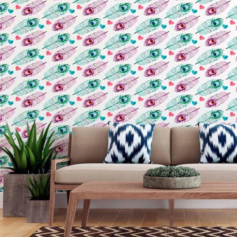 Papel de Parede Adesivo Penas Pavão Aquarela N015080 - Papel na Parede