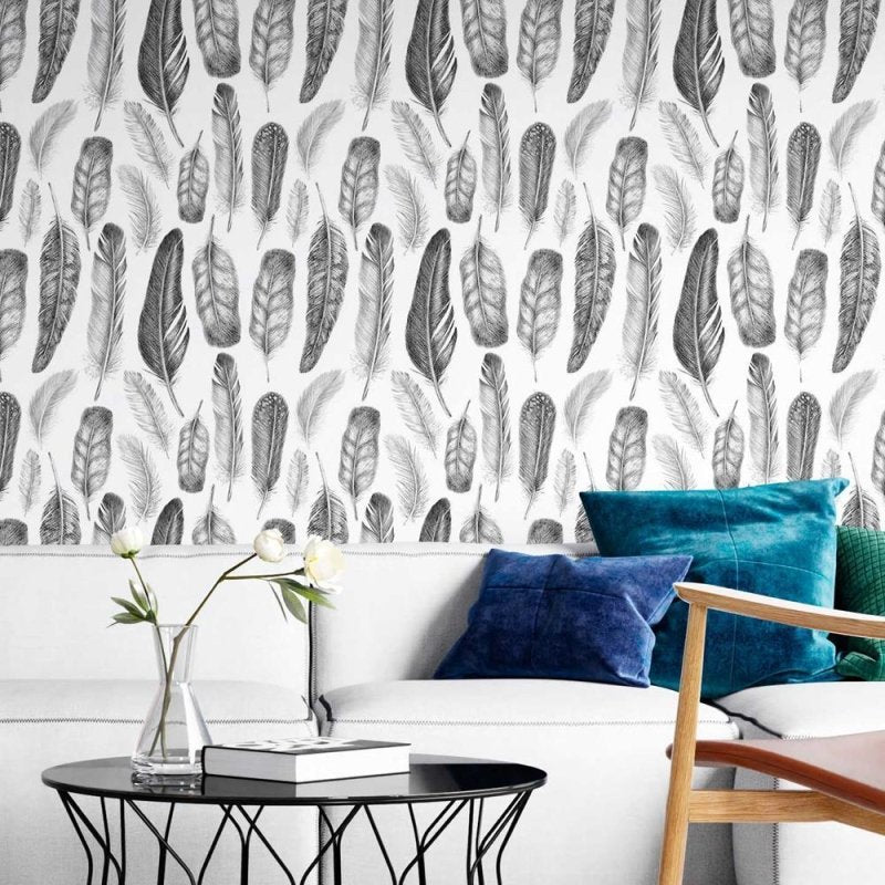 Papel de Parede Adesivo Penas Realistas Preto Branco N08042 - Papel na Parede