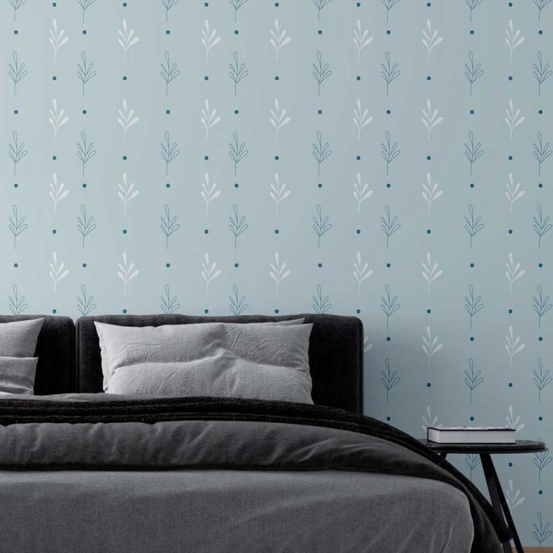 Papel de Parede Adesivo Ramos Minimalista c/ Poá Azul N08071 - Papel na Parede