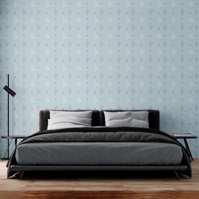 Papel de Parede Adesivo Ramos Minimalista c/ Poá Azul N08071 - Papel na Parede