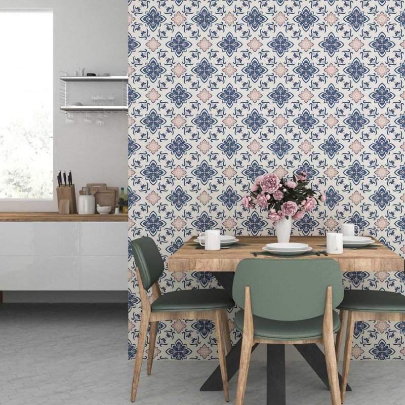 Papel de Parede Adesivo Retrô Estilo Azulejo Português Azul e Rosa N07080 - Papel na Parede