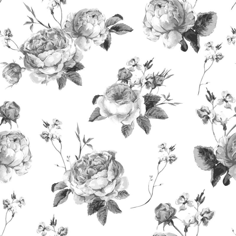 Papel de Parede Adesivo Rosas Preto e Branco N04186 - Papel na Parede