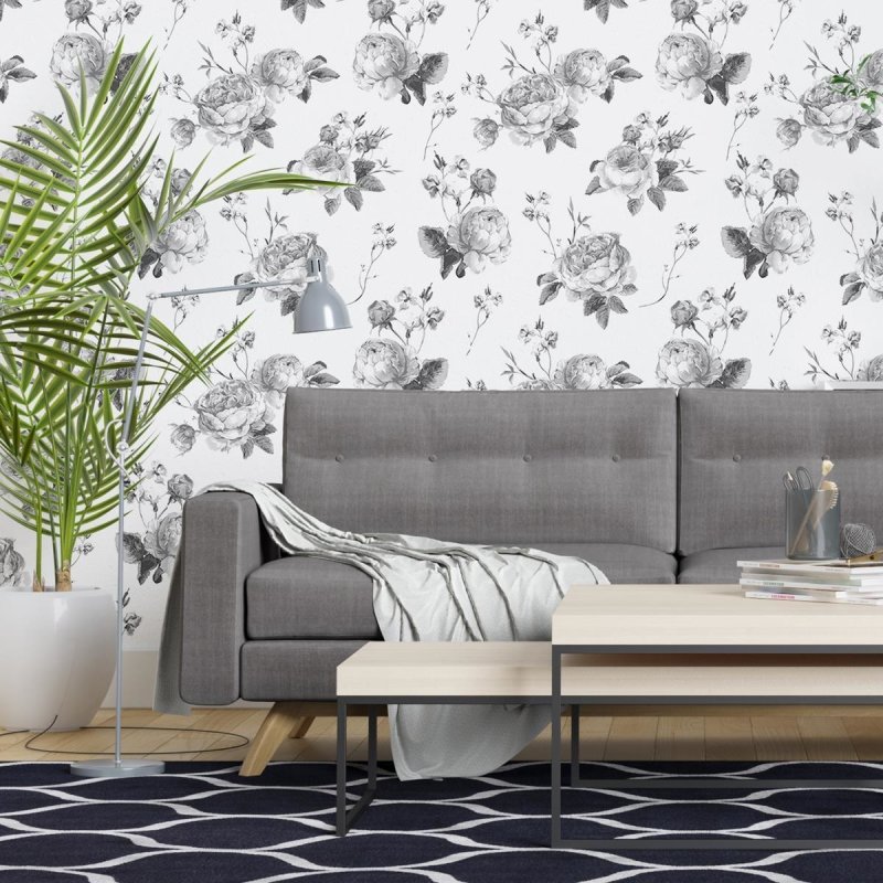 Papel de Parede Adesivo Rosas Preto e Branco N04186 - Papel na Parede