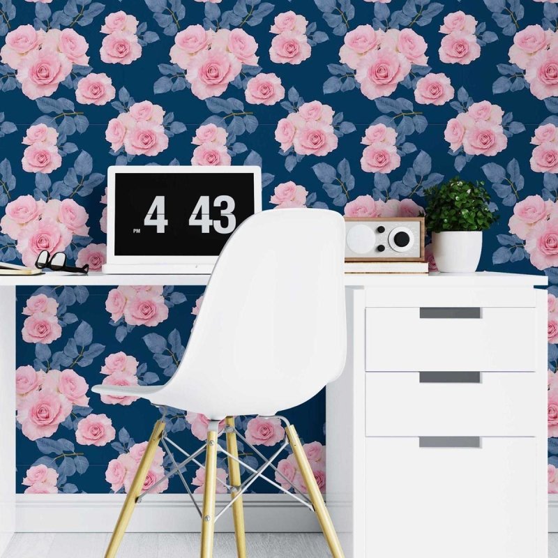 Papel de Parede Adesivo Rosas Realistas em Fundo Azul N07084 - Papel na Parede