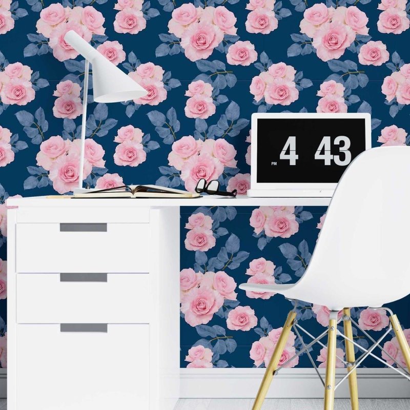 Papel de Parede Adesivo Rosas Realistas em Fundo Azul N07084 - Papel na Parede
