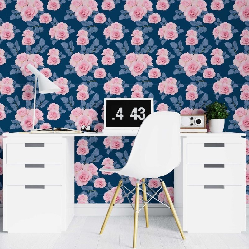 Papel de Parede Adesivo Rosas Realistas em Fundo Azul N07084 - Papel na Parede