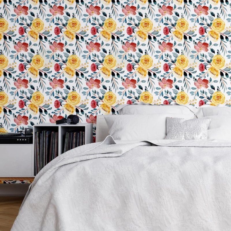 Papel de Parede Adesivo Rosas Vermelhas e Amarelas N04124 - Papel na Parede