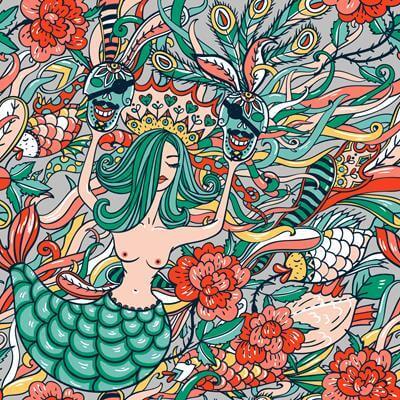 Papel de Parede Adesivo Sereia Peixe Colorido 234382300 - Papel na Parede