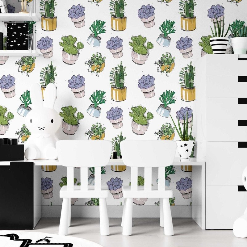 Papel de Parede Adesivo Suculentas Desenho Aquarelado N07068 - Papel na Parede