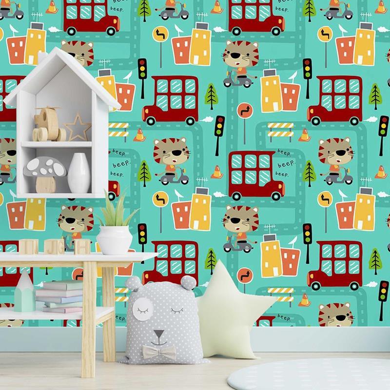 Papel de Parede Adesivo Tigre na Cidade Infantil N05028 - Papel na Parede