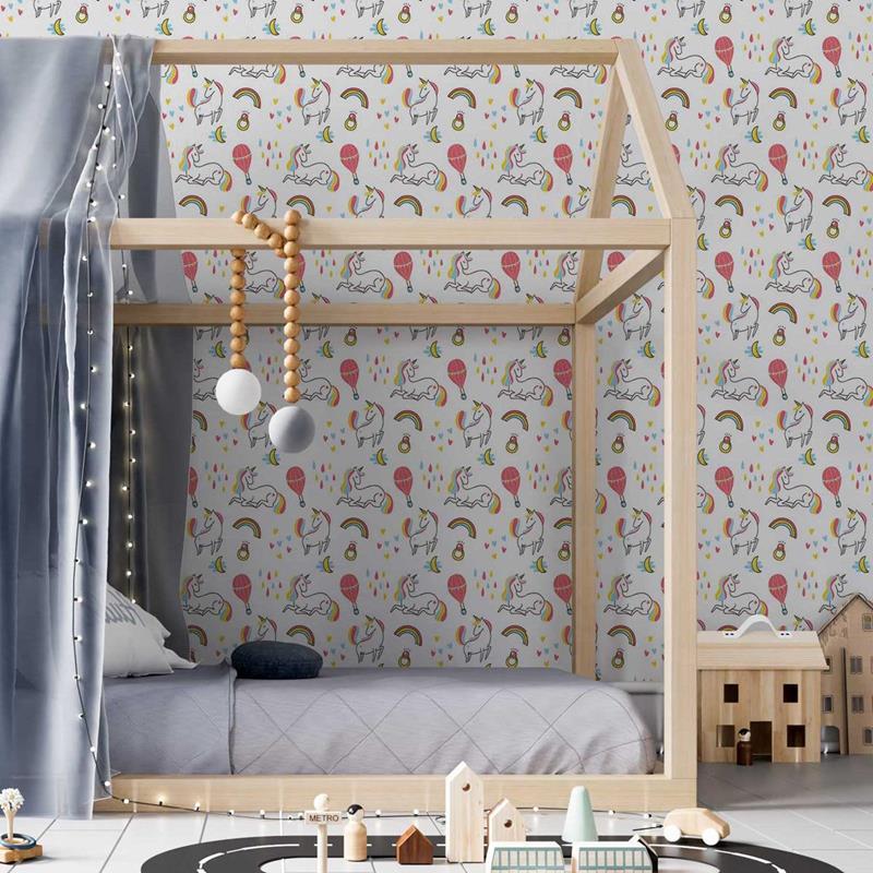 Papel de Parede Adesivo Unicórnios Balões e Corações N05109 - Papel na Parede