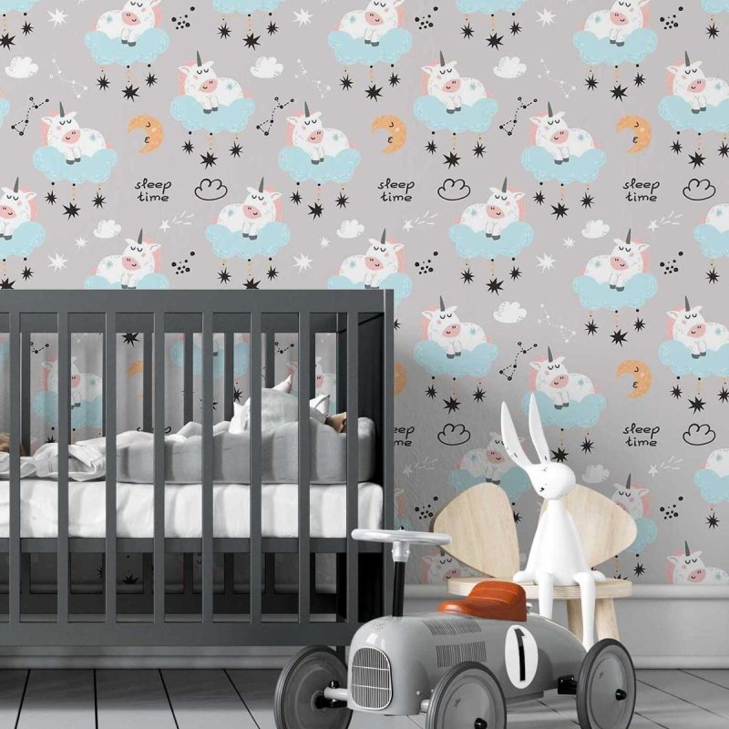 Papel de Parede Adesivo Unicórnios Estrelas e Lua N05048 - Papel na Parede