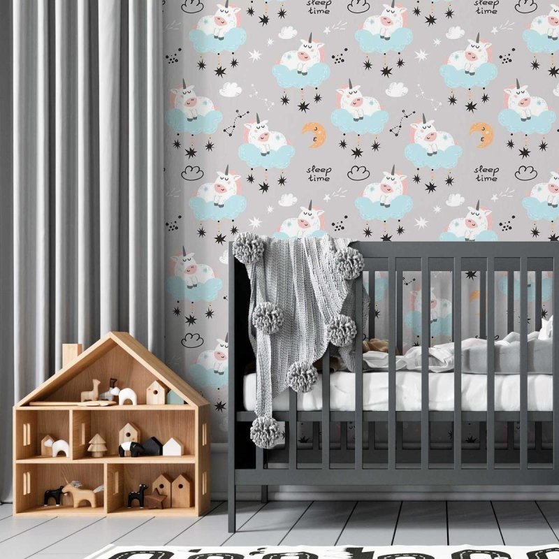 Papel de Parede Adesivo Unicórnios Estrelas e Lua N05048 - Papel na Parede