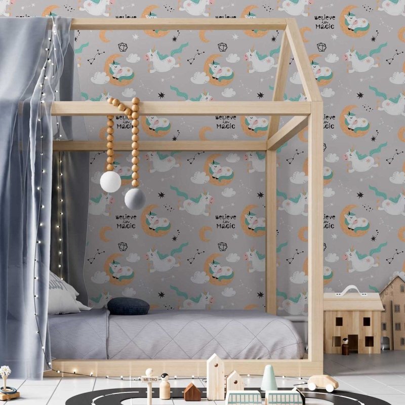 Papel de Parede Adesivo Unicórnios Estrelas N05052 - Papel na Parede