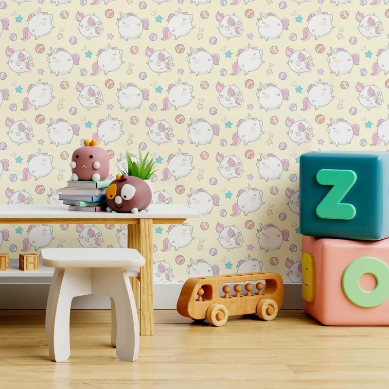 Papel de Parede Adesivo Unicórnios Fofos Amarelo N09027 - Papel na Parede